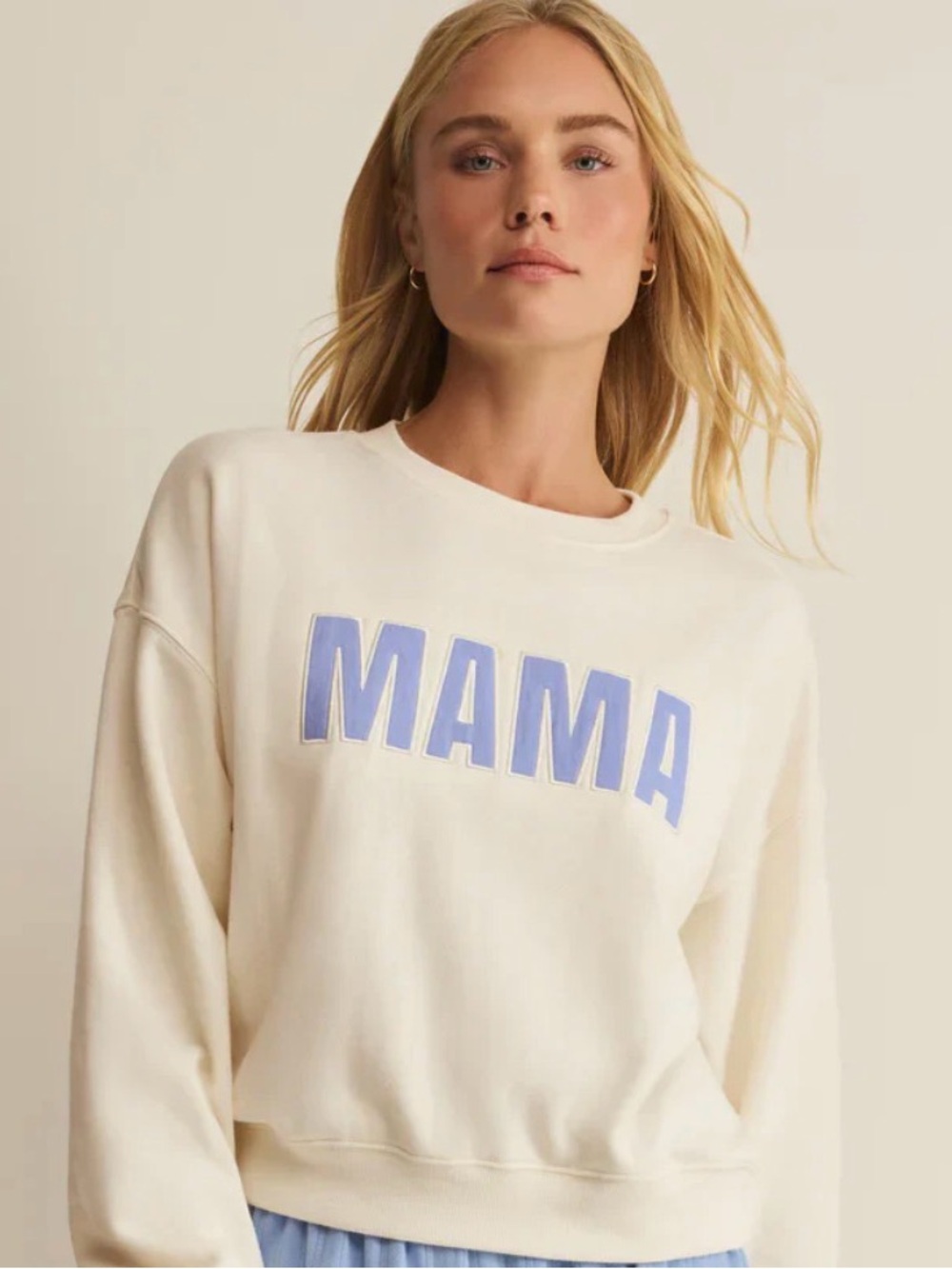 Z Supply Cream Crewneck Sweater with Light Blue 'MAMA' Graphic